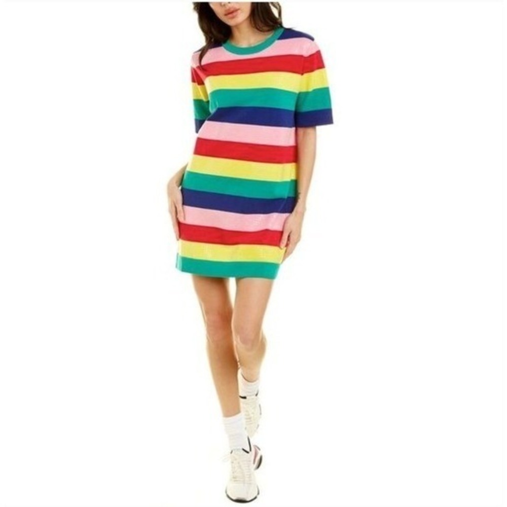 LOVE MOSCHINO‎ Striped T-Shirt Dress Rainbow Sequin Retro Colorful Size 8